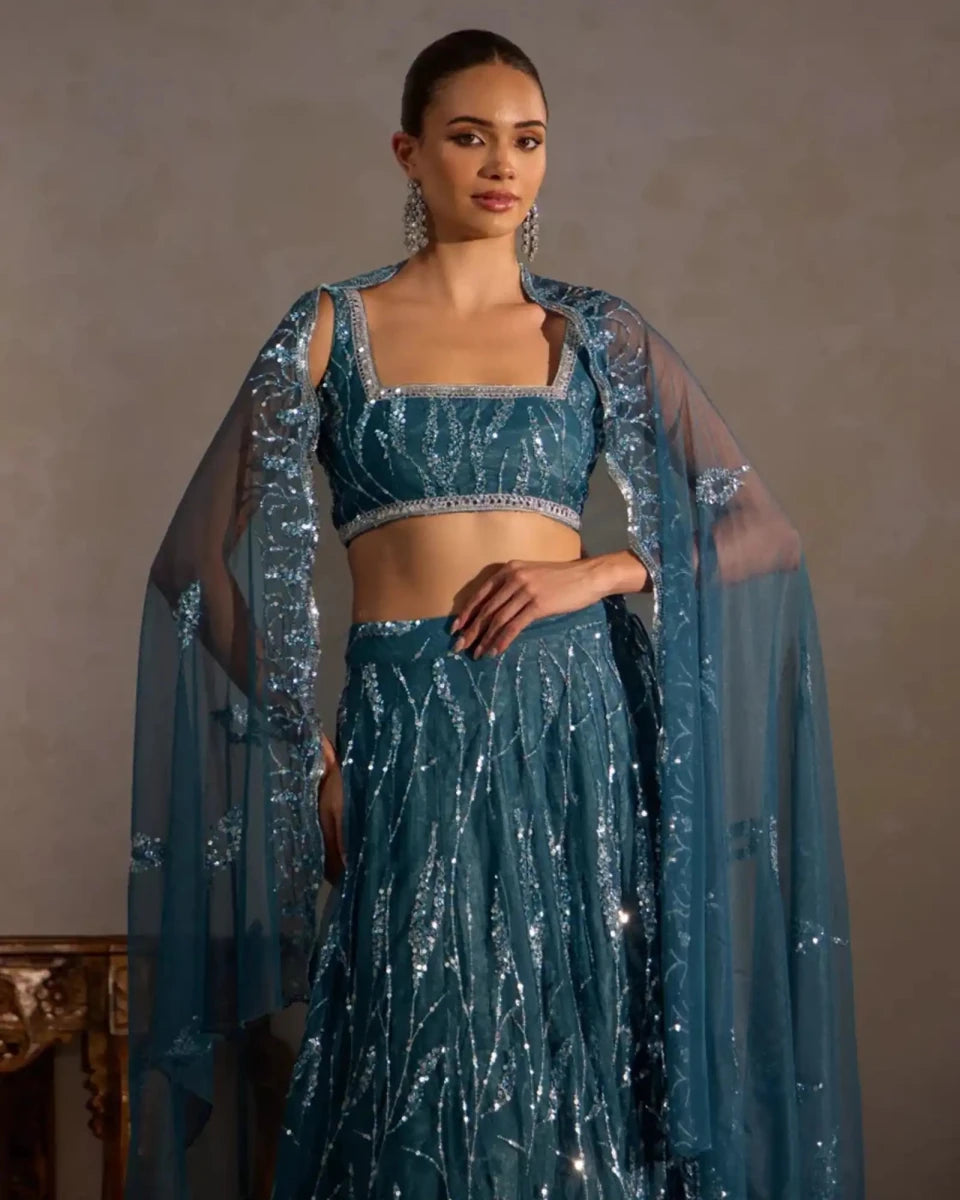 Blue Lehenga With Sequin Butter Net - AgapiLehengas