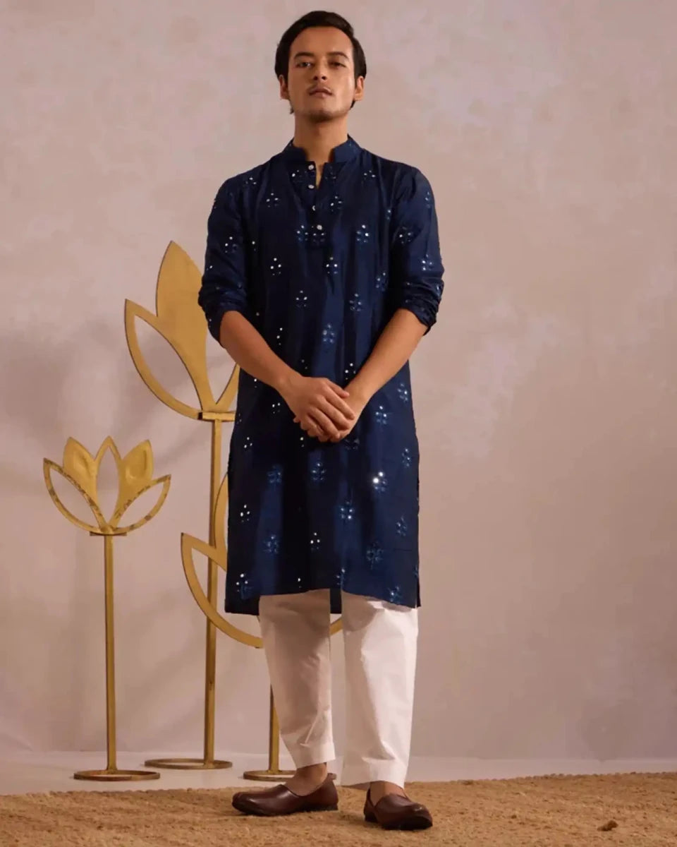 Blue Throne Kurtha with Elegant Cotton - Silk - AgapiMen's Kurthi