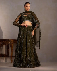 Bottle Green Butter Net Lehenga - AgapiLehengas