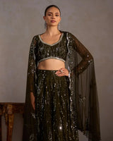 Bottle Green Butter Net Lehenga - AgapiLehengas
