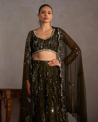 Bottle Green Butter Net Lehenga - AgapiLehengas