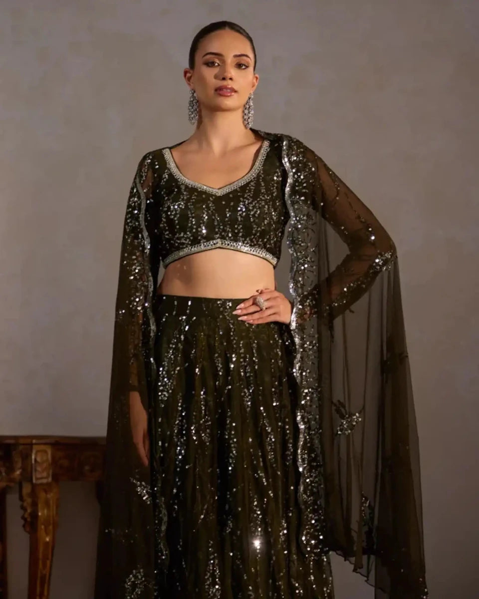 Bottle Green Butter Net Lehenga - AgapiLehengas