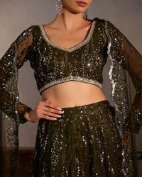 Bottle Green Butter Net Lehenga - AgapiLehengas