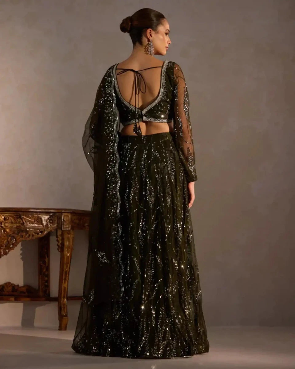 Bottle Green Butter Net Lehenga - AgapiLehengas