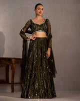 Bottle Green Butter Net Lehenga - AgapiLehengas