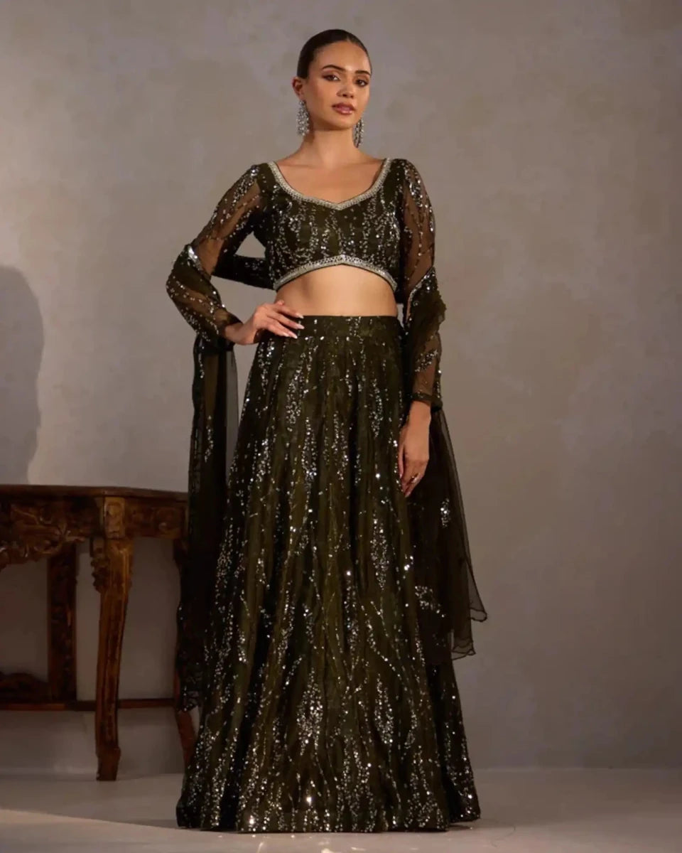 Bottle Green Butter Net Lehenga - AgapiLehengas