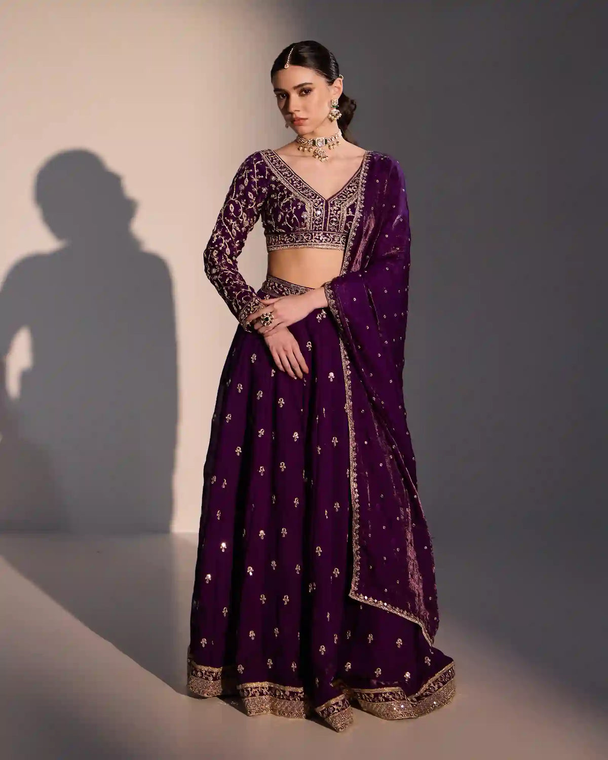 Deep purple Fendi silk kali lehenga set with zari work