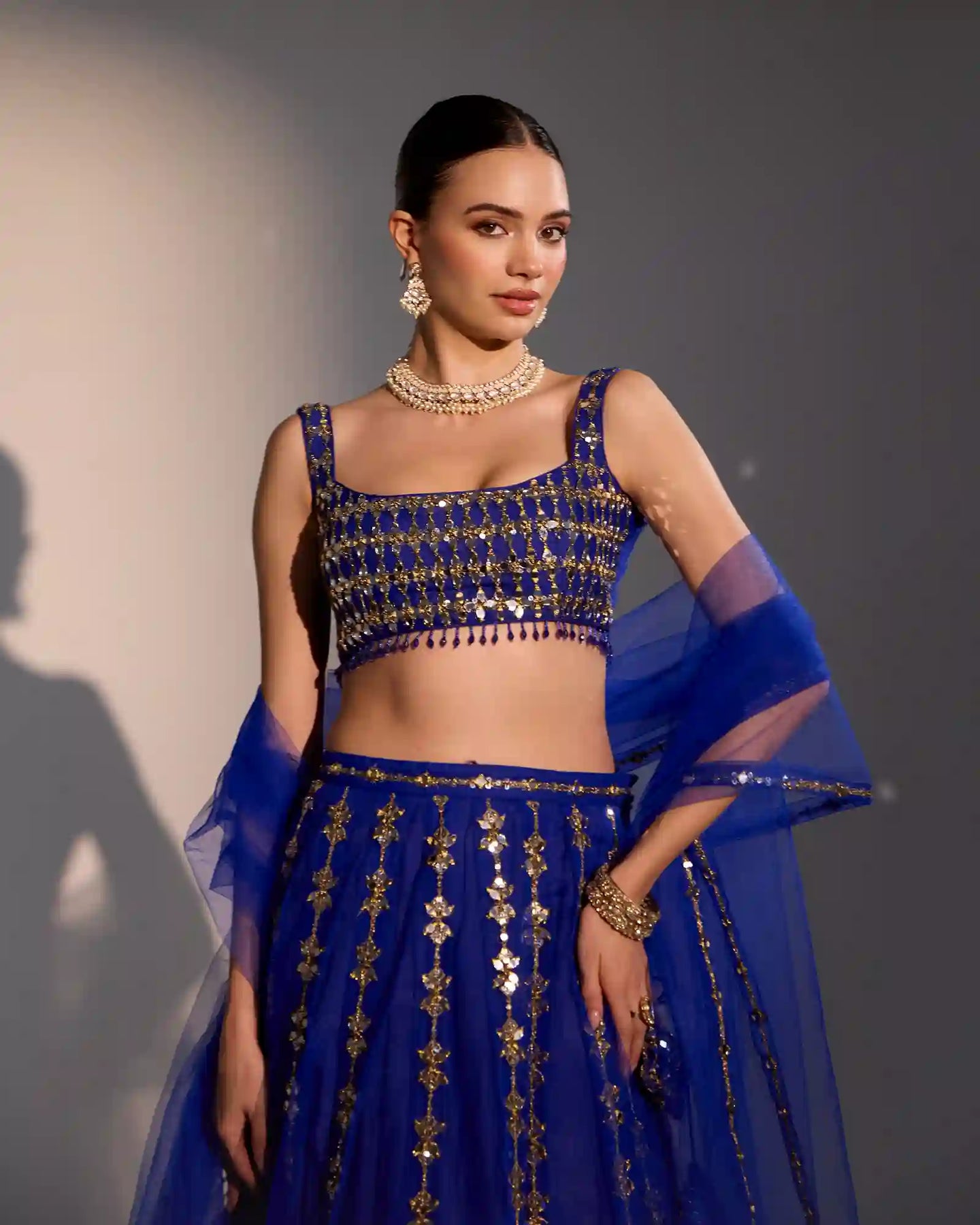 Elyra Royal Blue Mirror Work Lehenga Set with Zari Embroidery