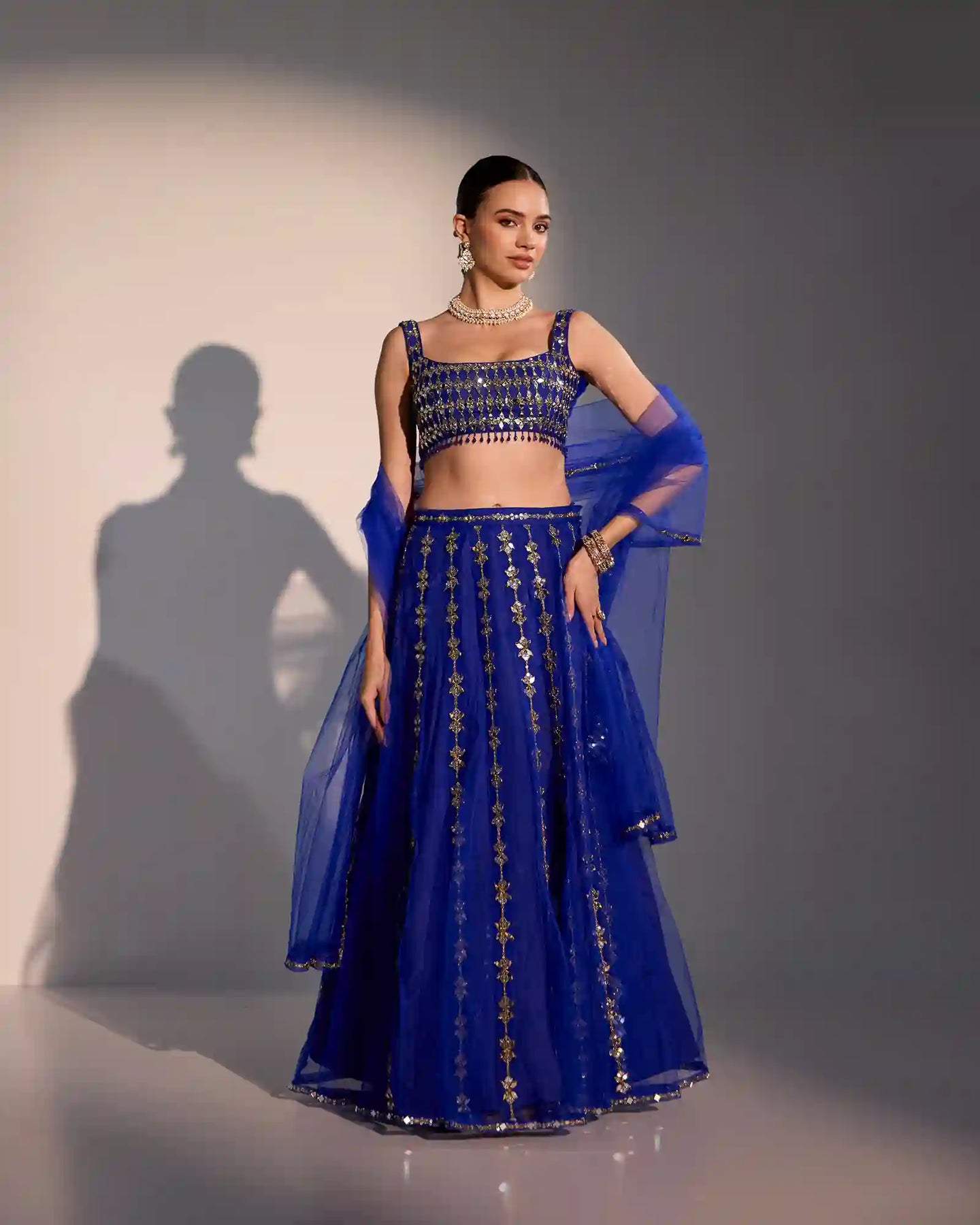 Elyra Royal Blue Mirror Work Lehenga Set with Zari Embroidery