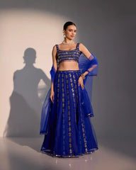 Elyra Royal Blue Butter Net Mirror Work Lehenga