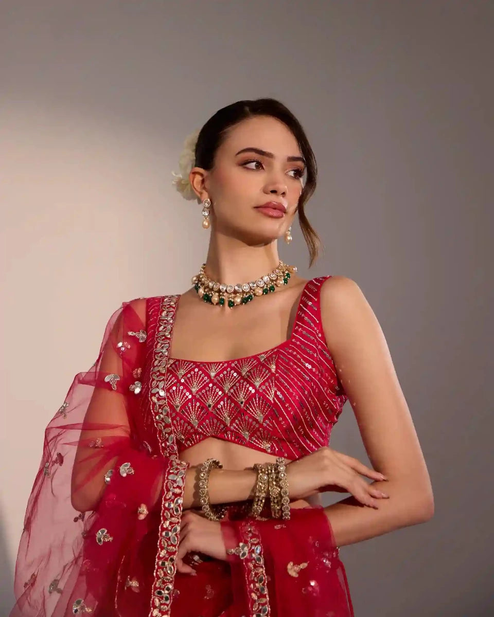 Evara Raspberry Pink Silk Lehenga Set with Mirror Work - AgapiLehengas