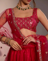 Evara Raspberry Pink Silk Lehenga Set with Mirror Work - AgapiLehengas