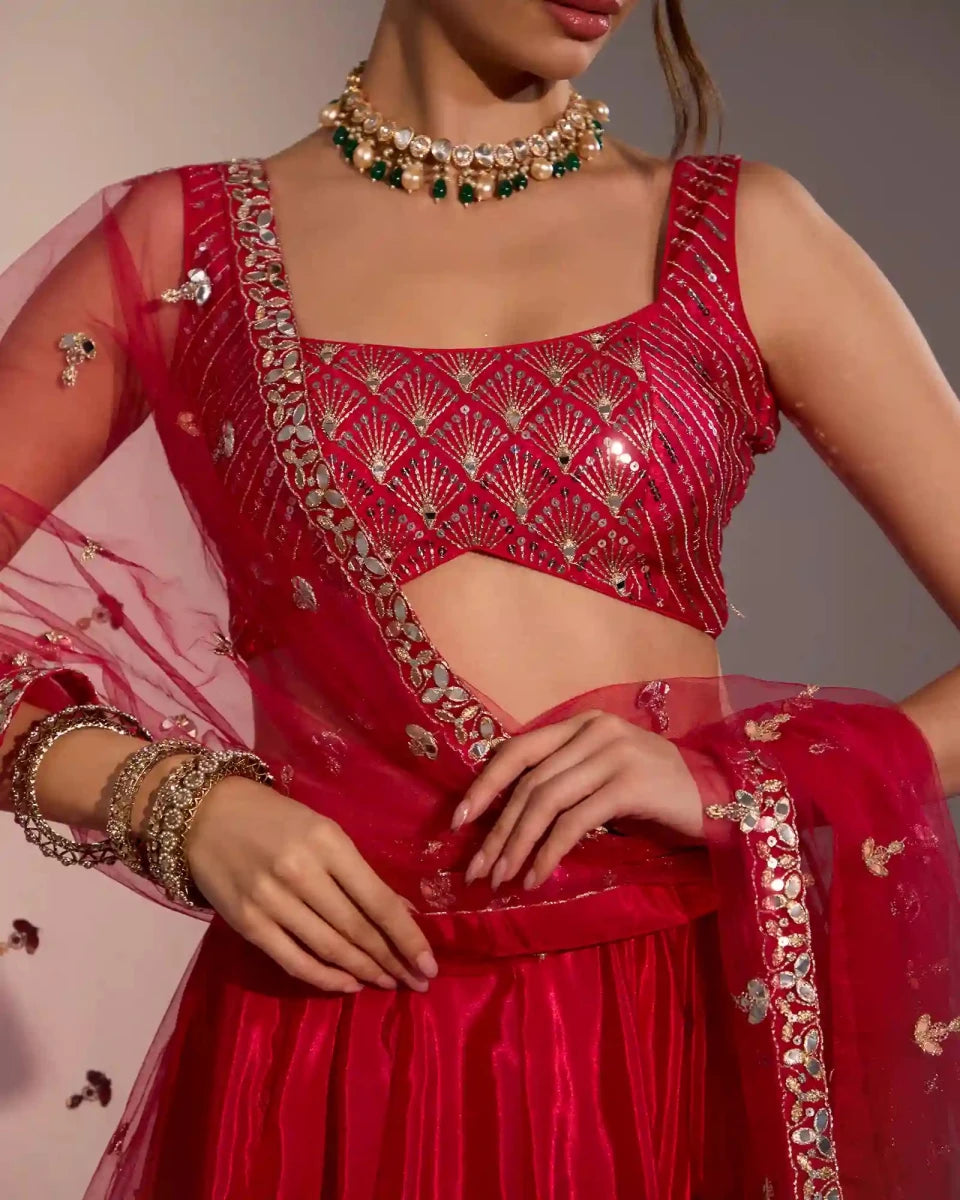 Evara Raspberry Pink Silk Lehenga Set with Mirror Work - AgapiLehengas