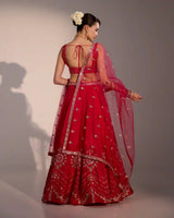Evara Raspberry Pink Silk Lehenga Set with Mirror Work - AgapiLehengas