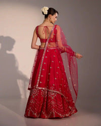Evara Raspberry Pink Silk Lehenga Set with Mirror Work - AgapiLehengas