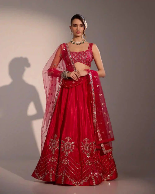 Evara Raspberry Pink Silk Lehenga Set with Mirror Work - AgapiLehengas