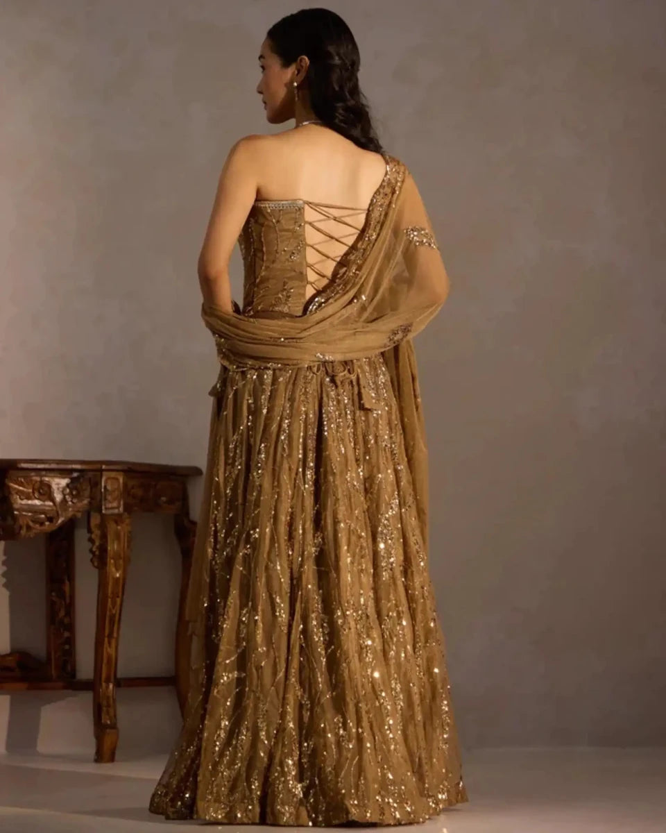 Golden Corset Sequin Lehenga for Party & Wedding Wear - AgapiLehengas