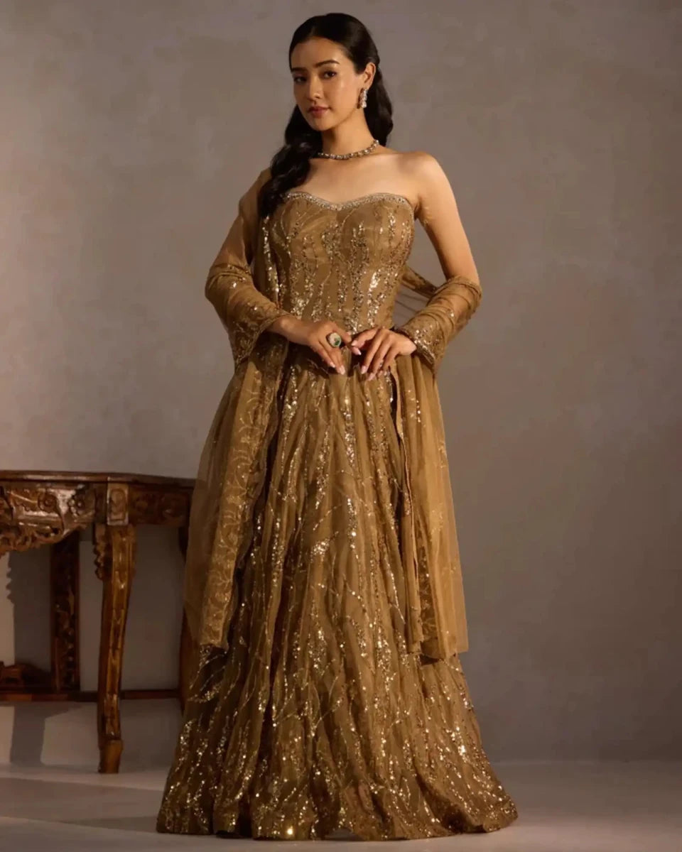 Golden Corset Sequin Lehenga for Party & Wedding Wear - AgapiLehengas