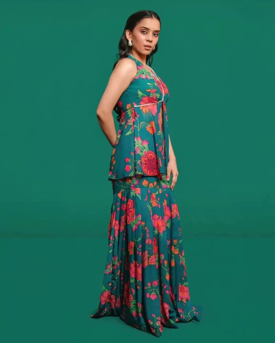 GREEN FLORAL GHARARA - AgapiSharara Sets