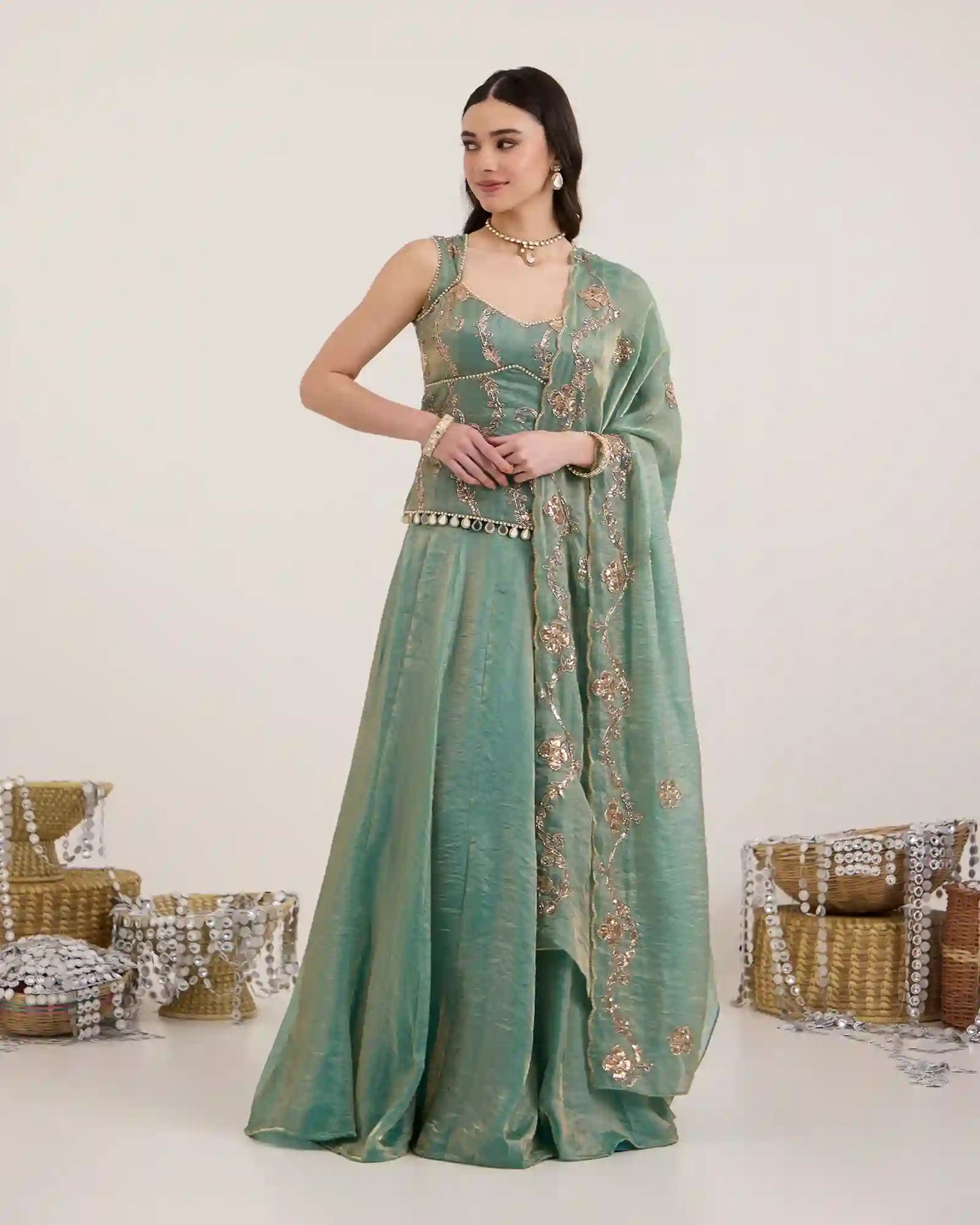 Mira Teal Green Fendi Silk Lehenga