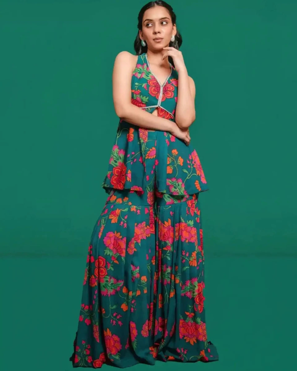 GREEN FLORAL GHARARA - AgapiSharara Sets