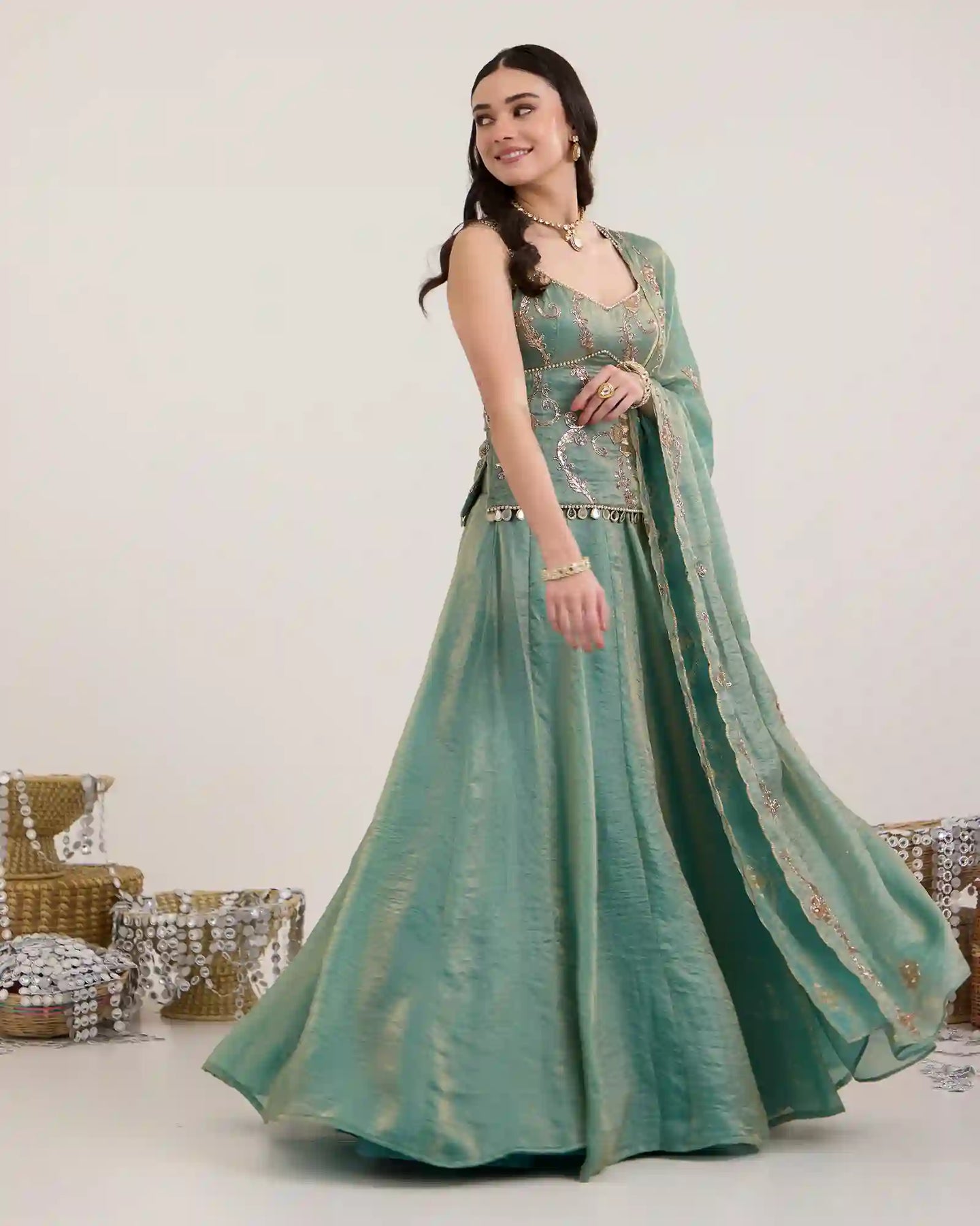 Mira Teal Green Fendi Silk Lehenga