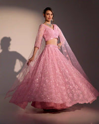Ira Blush Pink Butter Net Lehenga Set with Tonal Texture & Katdana Detailing