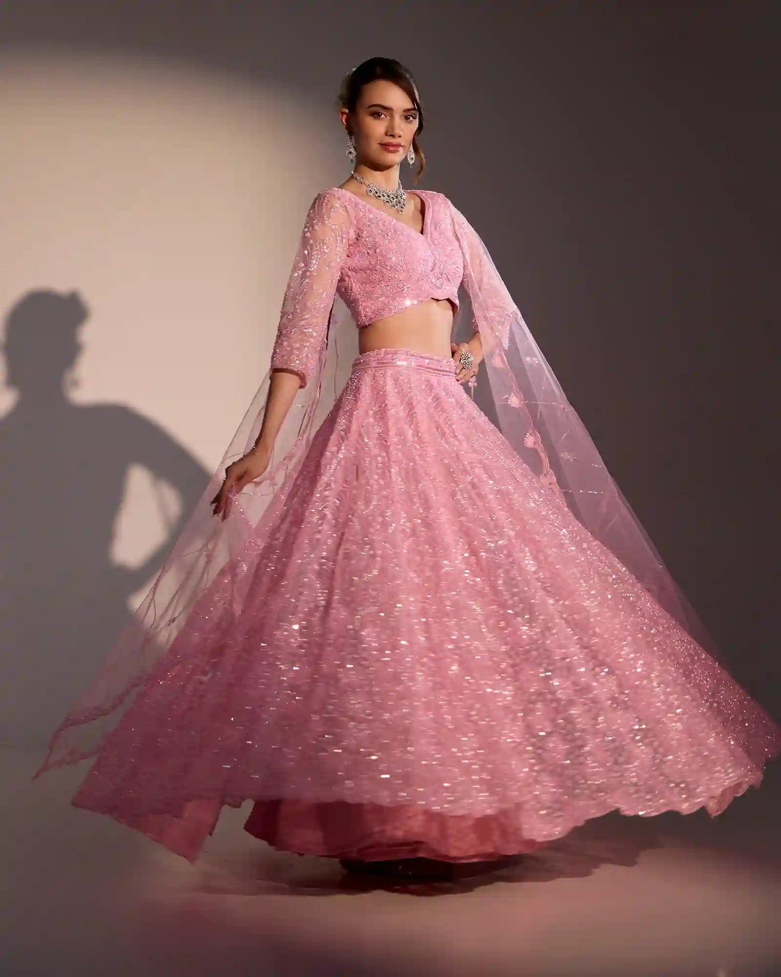 Ira Blush Pink Butter Net Lehenga Set with Tonal Texture & Katdana Detailing