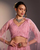 Ira Blush Pink Butter Net Lehenga Set with Tonal Texture & Katdana Detailing