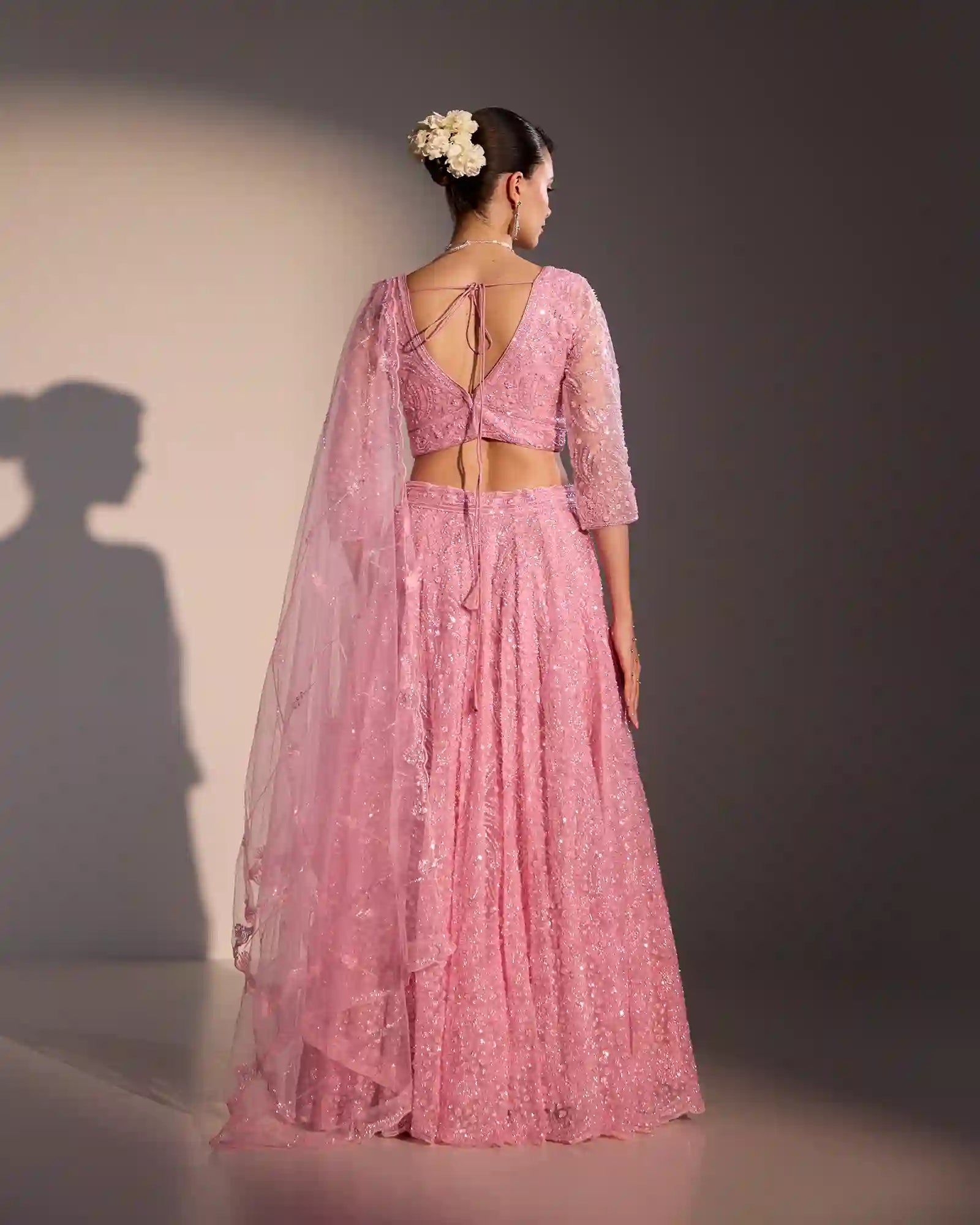 Ira Blush Pink Butter Net Lehenga Set with Tonal Texture & Katdana Detailing