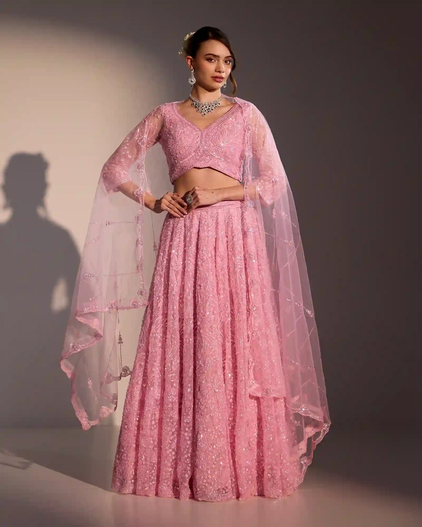 Ira Blush Pink Butter Net Lehenga Set with Tonal Texture & Katdana Detailing