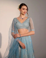 Lina Sky Blue Net Lehenga Set with Silver Zari & Sequin Embroidery for Women - AgapiLehengas