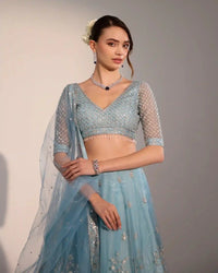 Lina Sky Blue Net Lehenga Set with Silver Zari & Sequin Embroidery for Women - AgapiLehengas