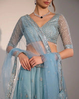 Lina Sky Blue Net Lehenga Set with Silver Zari & Sequin Embroidery for Women - AgapiLehengas