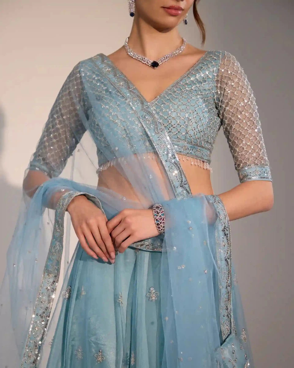 Lina Sky Blue Net Lehenga Set with Silver Zari & Sequin Embroidery for Women - AgapiLehengas