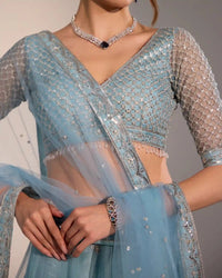 Lina Sky Blue Net Lehenga Set with Silver Zari & Sequin Embroidery for Women - AgapiLehengas