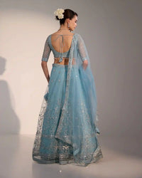Lina Sky Blue Net Lehenga Set with Silver Zari & Sequin Embroidery for Women - AgapiLehengas