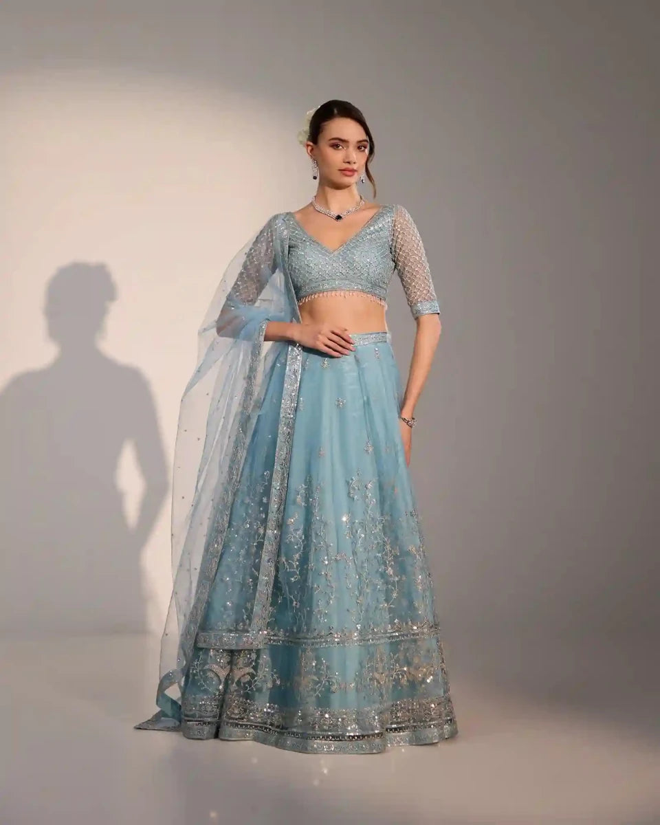 Lina Sky Blue Net Lehenga Set with Silver Zari & Sequin Embroidery for Women - AgapiLehengas