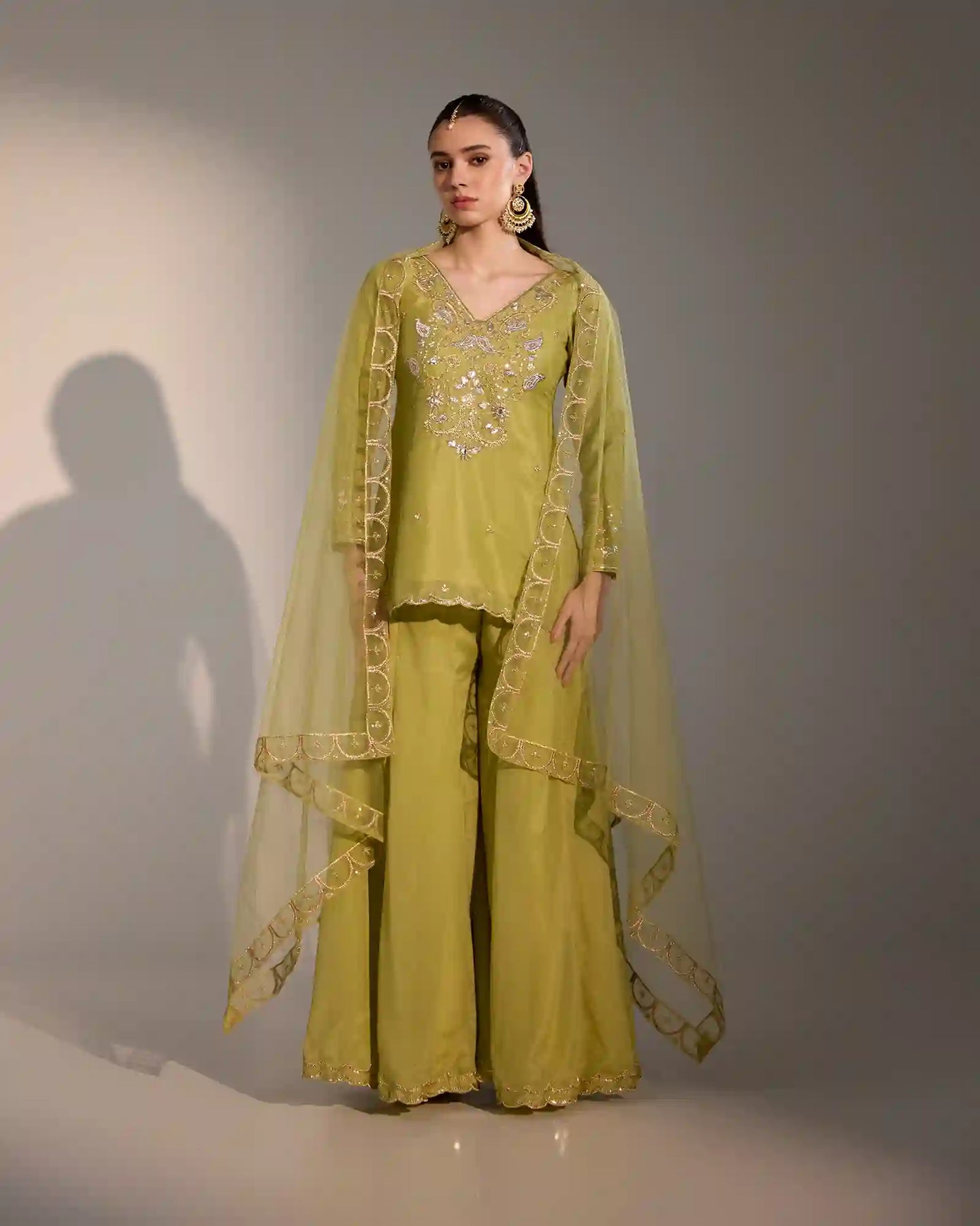 Luma Pistachio Green Chinon Sharara Set with Zari & Mirror Accents