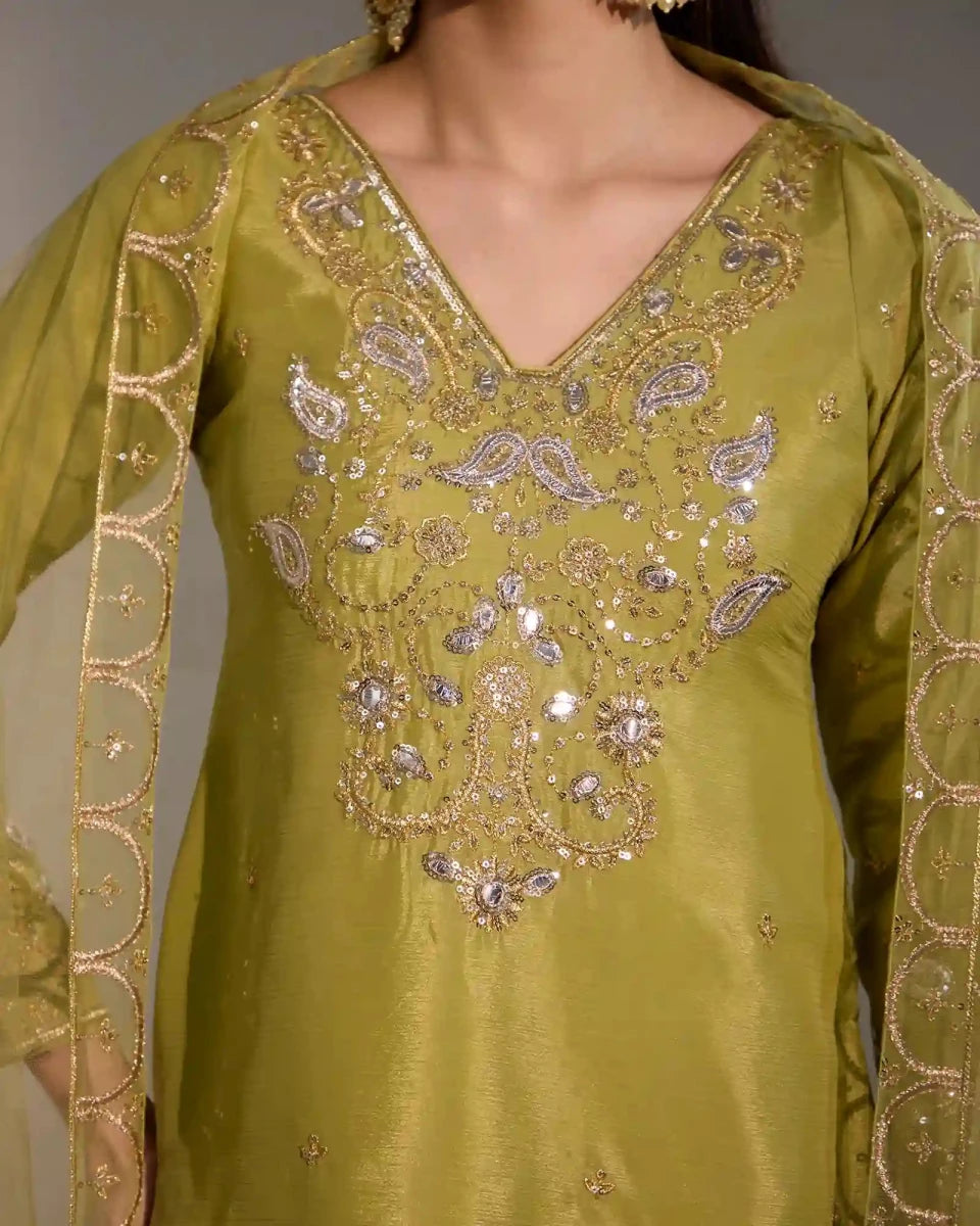 Luma Pistachio Green Chinon Sharara Set with Zari & Mirror Accents - AgapiSharara Set