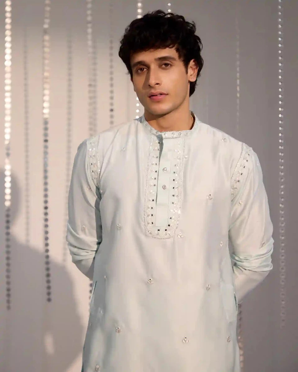 Ethan Soft Mint Satin Kurta Set with Tonal Embroidery - AgapiMen's Kurtha