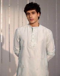Ethan Soft Mint Satin Kurta Set with Tonal Embroidery - AgapiMen's Kurtha