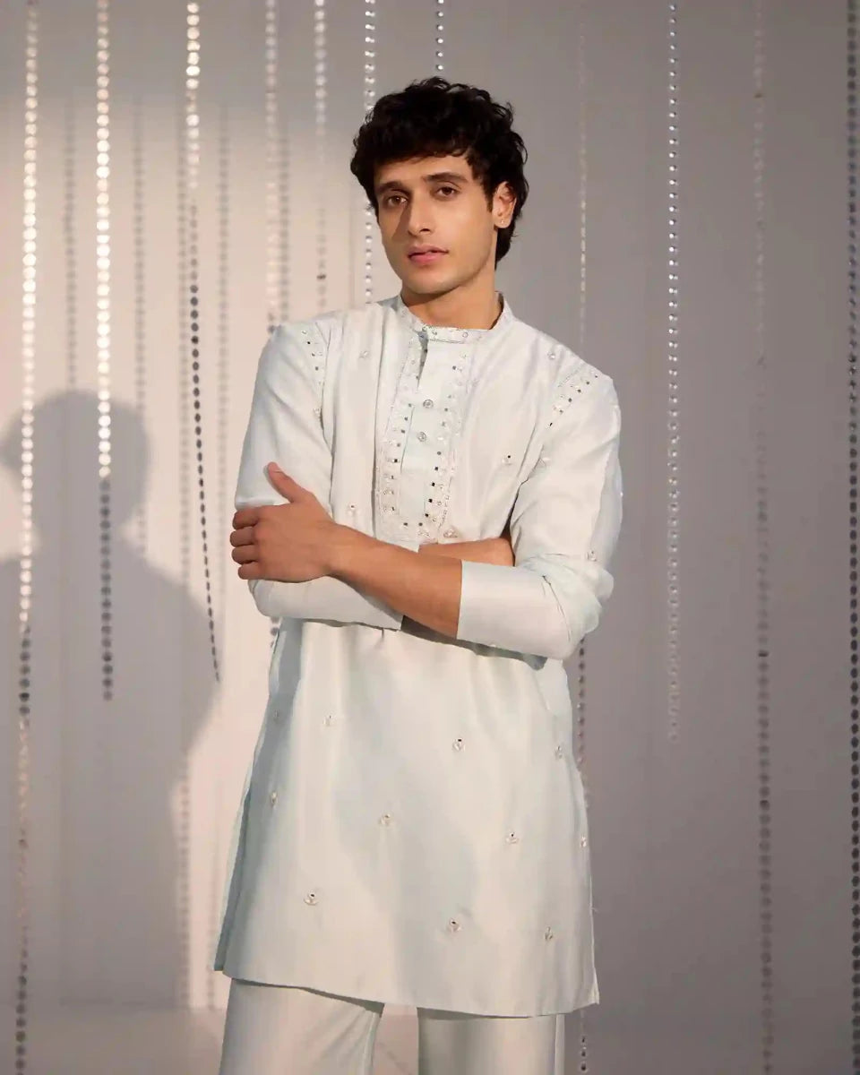 Ethan Soft Mint Satin Kurta Set with Tonal Embroidery - AgapiMen's Kurtha