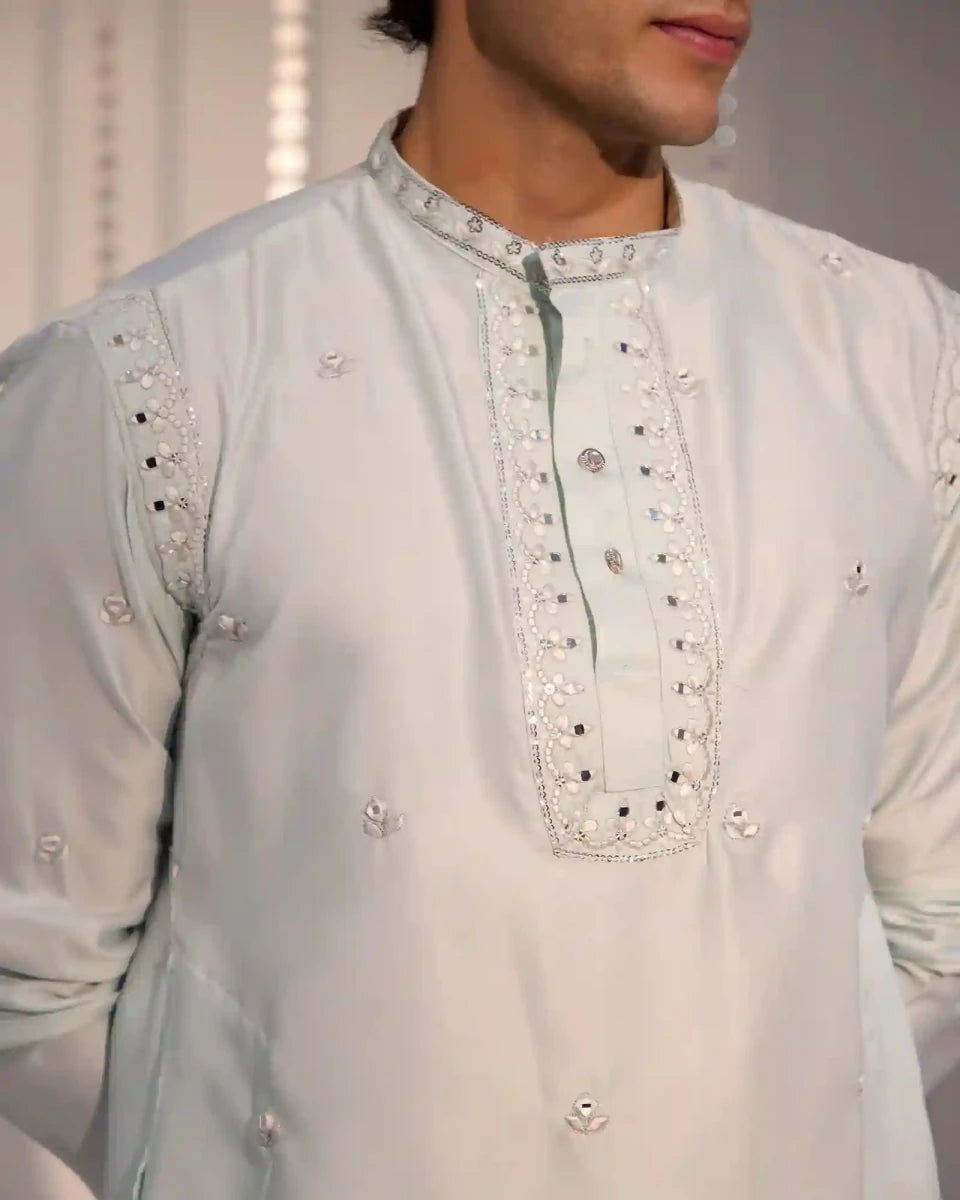 Ethan Soft Mint Satin Kurta Set with Tonal Embroidery - AgapiMen's Kurtha