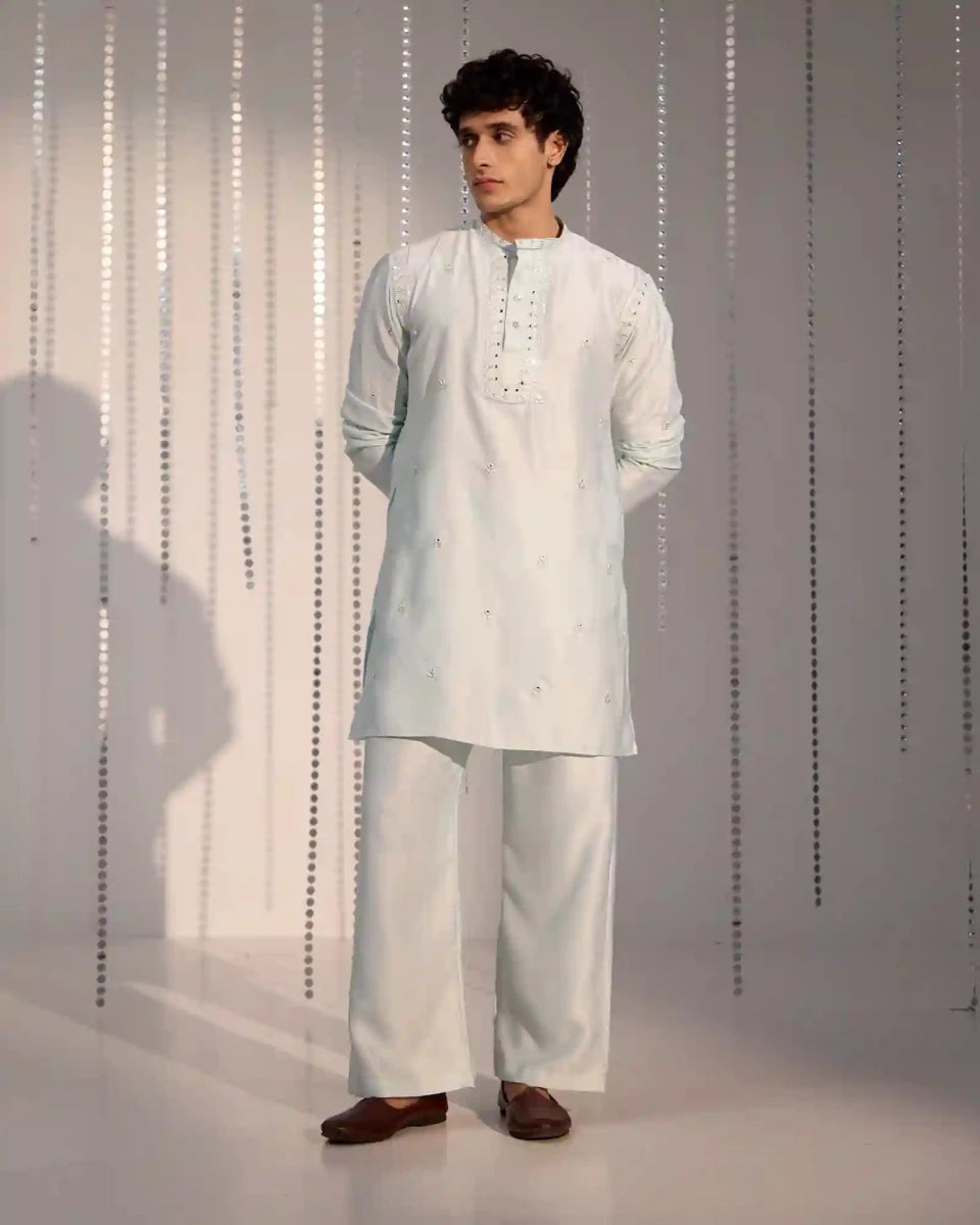 Ethan Soft Mint Satin Kurta Set with Tonal Embroidery - AgapiMen's Kurtha