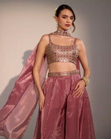 Nyla Rosewood Sharara Set in Georgette Satin with Zari Detailing