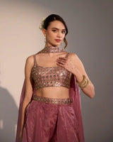 Nyla Rosewood Sharara Set in Georgette Satin with Zari Detailing