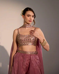 Nyla Rosewood Sharara Set in Georgette Satin with Zari Detailing