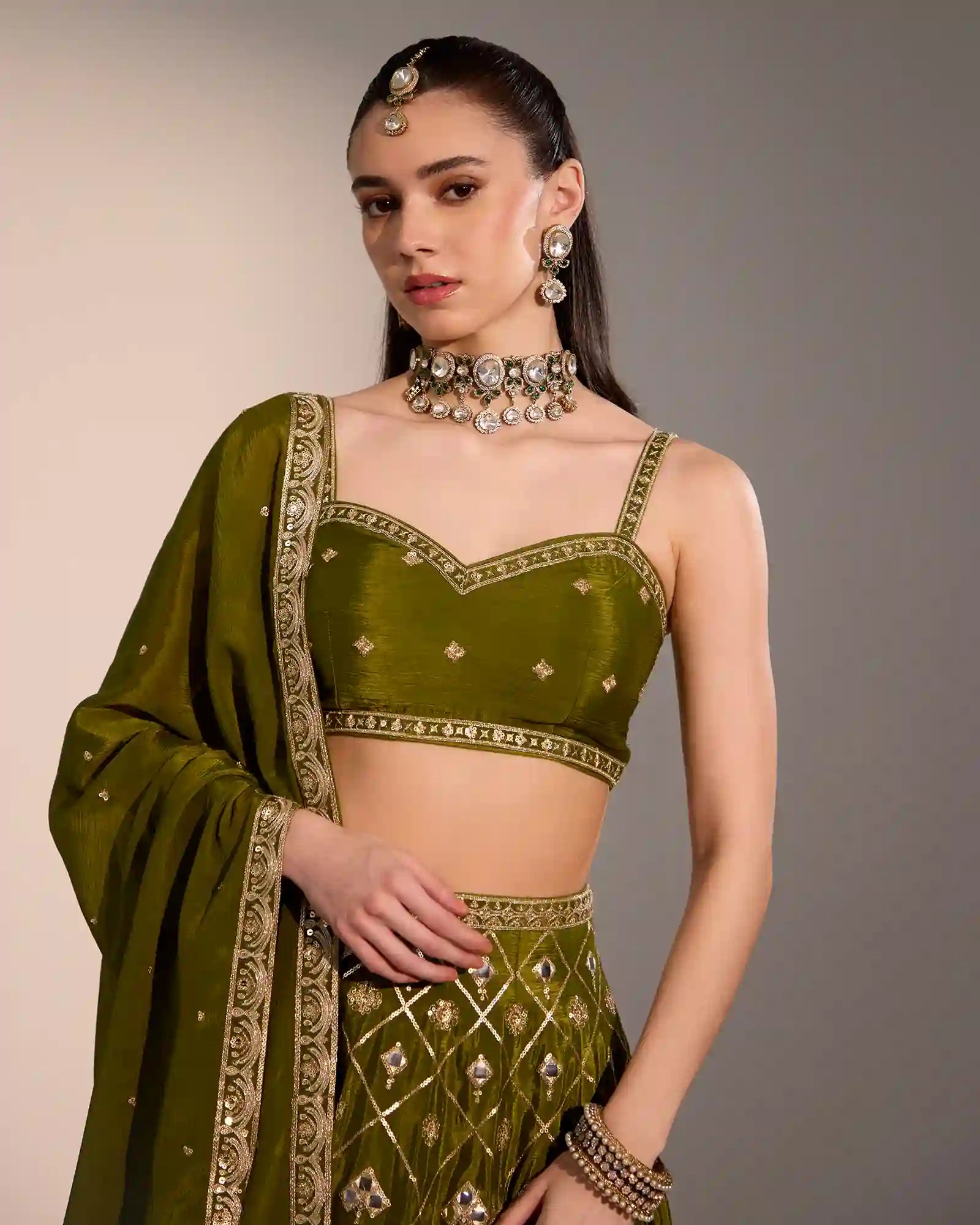 Traditional chinnon lehenga set for weddings and festive wear
