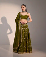 Olive green chinnon kali lehenga set with zari embroidery